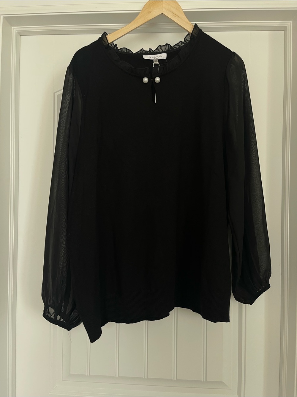 Sioni Black Sheer-Sleeve sweater Blouse with Pearl Accent